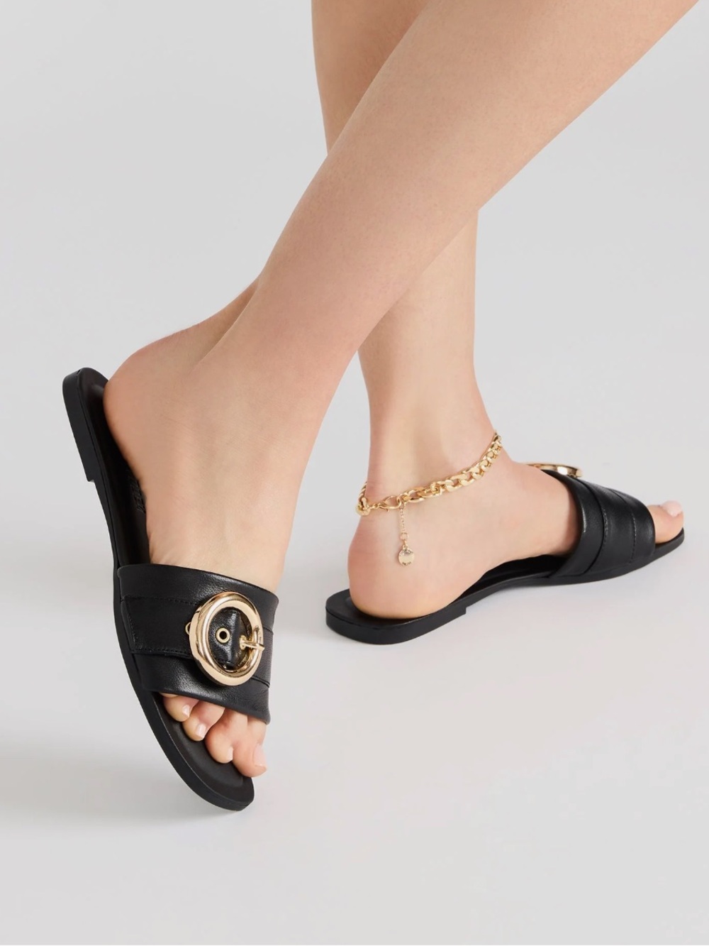Steve Madden Black Slide Sandals with Gold Accent - New in box